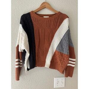 Blu Pepper Colorblock Cable Knit Sweater Rust Orange Black Small B4FT1056